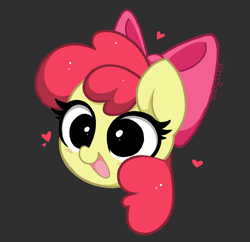 Size: 1194x1155 | Tagged: safe, artist:kittyrosie, imported from derpibooru, apple bloom, earth pony, pony, adorabloom, blushing, cute, dilated pupils, female, filly, floating heart, gray background, head only, heart, open mouth, open smile, simple background, smiling, solo