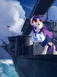 Size: 2389x3187 | Tagged: safe, artist:blue ink, imported from derpibooru, oc, oc only, oc:sunset cloudy, bat pony, battleship, clothes, cloud, detailed background, fighter, high res, ocean, purple hair, purple wings, red eyes, sailor suit, sailor uniform, uniform, warship, white body, wings