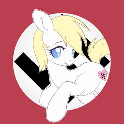 Size: 1200x1200 | Tagged: safe, artist:pxper_wing, edit, editor:edits of hate, editor:unofficial edits thread, imported from twibooru, oc, oc only, oc:aryanne, pony, cute, female, image, looking at you, mare, nazi, png, red background, simple background, solo, swastika