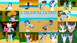 Size: 1280x720 | Tagged: safe, artist:animatedjames, editor:quoterific, imported from derpibooru, dj pon-3, octavia melody, vinyl scratch, earth pony, pony, unicorn, a tropical octav3, beach, bipedal, eyes closed, female, grin, mare, open mouth, smiling