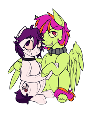 Size: 3000x4000 | Tagged: safe, artist:toanderic, derpibooru exclusive, imported from derpibooru, oc, oc only, oc:frame gravity, oc:the doll, original species, pegasus, plush pony, pony, derpibooru community collaboration, 2022 community collab, collar, freckles, grin, high res, hoof hold, hug, hugging a pony, looking at you, pegasus oc, plushie, simple background, sitting, smiling, stitches, teeth, transparent background, winghug, wings