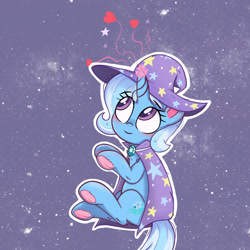Size: 1244x1244 | Tagged: safe, artist:kqaii, trixie, pony, unicorn, blushing, cape, clothes, floating, hat, heart, magic, smiling, space