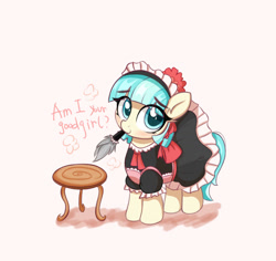 Size: 1280x1208 | Tagged: safe, artist:kqaii, coco pommel, earth pony, pony, blushing, clothes, cute, dust, dusting, good girl, looking at you, maid, simple background, smiling, table, white background