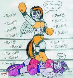 Size: 1280x1369 | Tagged: safe, artist:jose-ramiro, imported from derpibooru, twilight sparkle, oc, oc:dusk strike, anthro, pegasus, unguligrade anthro, unicorn, boxing, boxing gloves, female, furry, knocked out, sports, twilybuse