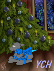 Size: 3000x4000 | Tagged: safe, artist:stirren, imported from derpibooru, princess luna, pony, bow, christmas, christmas tree, commission, holiday, looking at you, pine tree, present, tree, wrapped, your character here