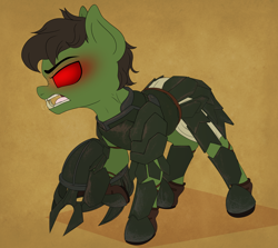 Size: 5232x4677 | Tagged: safe, artist:thehuskylord, imported from derpibooru, pony, angry, armor, boots, commission, glowing, glowing eyes, goblin pony, helmet, pauldron, red eyes, red sclera, sabaton, shoes, simple background, solo, tooth, underbite