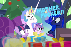 Size: 640x427 | Tagged: safe, artist:dm29, imported from derpibooru, princess celestia, princess flurry heart, princess luna, twilight sparkle, alicorn, pony, baby, baby pony, candy, candy cane, christmas, christmas tree, crown, die hard, ethereal mane, female, filly, first words, foal, food, holiday, jewelry, mare, present, regalia, royal sisters, shocked, siblings, sisters, starry mane, surprised, swearing, television, tree, vulgar, wide eyes