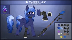 Size: 8100x4550 | Tagged: safe, artist:stardustspix, imported from derpibooru, oc, oc only, oc:kyanite arc, pegasus, pony, amputee, cutie mark, gem, looking at you, male, prosthetic leg, prosthetic limb, prosthetics, reference sheet, smiling, solo, staff, stallion