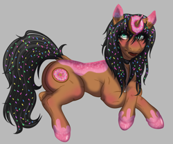 Size: 3816x3192 | Tagged: safe, artist:salemsalami, imported from derpibooru, oc, oc only, oc:donut daydream, food pony, pony, unicorn, butt, choker, commission, donut, fetlock tuft, food, goth, high res, pastry, plot, ponified, salem-succu, semi-realistic, solo