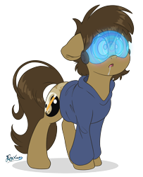 Size: 3000x3700 | Tagged: safe, artist:fluffyxai, imported from derpibooru, oc, oc only, oc:spirit wind, earth pony, pony, clothes, drool, high res, hoodie, hypno eyes, hypnogear, hypnosis, male, simple background, solo, stallion, transparent background, visor