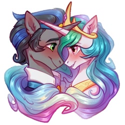 Size: 600x600 | Tagged: safe, artist:fenwaru, imported from derpibooru, king sombra, princess celestia, pony, unicorn, blushing, bust, celestibra, crown, ear fluff, female, good king sombra, horn, horns are touching, jewelry, looking at each other, looking at someone, male, regalia, shipping, simple background, smiling, straight, white background