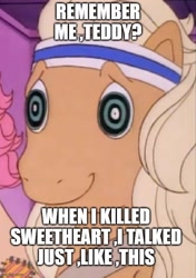 Size: 500x710 | Tagged: safe, edit, edited screencap, imported from derpibooru, screencap, ace, patch (g1), my little pony tales, caption, g1, image macro, impact font, implied death, implied murder, implied sweetheart, implied teddy, reference, text, who framed roger rabbit