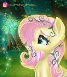 Size: 757x868 | Tagged: safe, artist:fluttershy_art.nurul, imported from derpibooru, fluttershy, butterfly, pegasus, pony, beautiful, beautiful eyes, chest fluff, cute, eyebrows, eyelashes, forest, forest background, illustration, leaf, plant, profile, semi-realistic, shine, shyabetes, solo, tree, vine