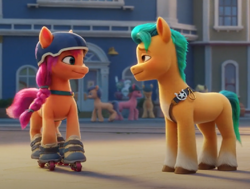 Size: 942x714 | Tagged: safe, imported from derpibooru, screencap, hitch trailblazer, sunny starscout, earth pony, pony, spoiler:my little pony: a new generation, cropped, duo, female, g5, male, mare, my little pony: a new generation, roller skates, shipping fuel, stallion