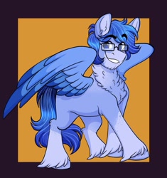 Size: 1202x1280 | Tagged: safe, artist:twisted-sketch, imported from derpibooru, oc, oc only, oc:soaring spirit, pegasus, pony, blaze (coat marking), chest fluff, coat markings, colored wings, commission, facial markings, glasses, looking at you, male, neck fluff, pegasus oc, simple background, smiling, smiling at you, socks (coat markings), solo, spread wings, stallion, unshorn fetlocks, wings