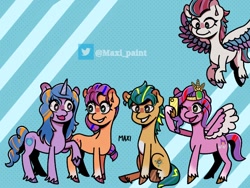 Size: 1024x768 | Tagged: safe, artist:maxi_paint, imported from derpibooru, hitch trailblazer, izzy moonbow, pipp petals, sunny starscout, zipp storm, earth pony, pegasus, pony, unicorn, cellphone, female, flying, g5, male, mane five (g5), mare, my little pony: a new generation, phone, smartphone, smiling, stallion, unshorn fetlocks, white pupils