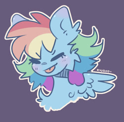 Size: 1280x1267 | Tagged: safe, artist:ryodso, imported from derpibooru, rainbow dash, pegasus, pony, :p, blushing, bust, chest fluff, cute, dashabetes, ear fluff, eyes closed, portrait, purple background, simple background, solo, tongue out