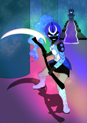 Size: 855x1211 | Tagged: safe, artist:lullabyjak, imported from derpibooru, nightmare moon, human, armor, commission, element of generosity, element of honesty, element of kindness, element of laughter, element of loyalty, element of magic, elements of harmony, humanized, magic, rainbow, scythe, throne room, weapon
