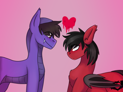 Size: 2048x1536 | Tagged: safe, artist:revenge.cats, imported from derpibooru, bat pony, original species, snake, snake pony, cobra starship, commission, duo, duo male, ear fluff, fall out boy, fangs, folded wings, gabe saporta, heart, male, pete wentz, pink background, scales, shipping, simple background, wings