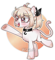 Size: 2394x2612 | Tagged: safe, artist:helithusvy, artist:mint-light, imported from derpibooru, oc, oc only, oc:sannie, earth pony, pony, base used, blushing, bow, cat tail, choker, collar, dreamworks face, earth pony oc, eye clipping through hair, eyebrows, eyebrows visible through hair, female, high res, mare, open mouth, open smile, simple background, smiling, solo, tail, transparent background