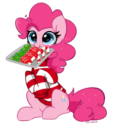 Size: 3501x3940 | Tagged: safe, artist:kittyrosie, imported from derpibooru, pinkie pie, earth pony, pony, blushing, christmas, christmas cookies, cookie, cute, diapinkes, female, food, heart, high res, holiday, mare, mouth hold, redraw, simple background, solo, white background