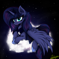 Size: 4000x4000 | Tagged: safe, artist:ser-p, imported from derpibooru, princess luna, alicorn, pony, absurd resolution, cloud, female, lying down, mare, on a cloud, shooting star, signature, solo, stars