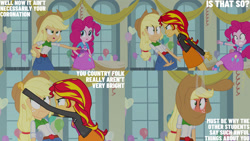Size: 1280x720 | Tagged: safe, edit, edited screencap, editor:quoterific, imported from derpibooru, screencap, applejack, pinkie pie, sunset shimmer, equestria girls, equestria girls (movie), applejack's hat, balloon, belt, clothes, cowboy hat, cutie mark on clothes, denim skirt, female, hat, jacket, leather, leather jacket, open mouth, skirt