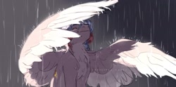 Size: 1820x900 | Tagged: safe, artist:sannateacupss, imported from derpibooru, oc, oc only, pegasus, pony, eyes closed, rain, smiling, solo, spread wings, wings