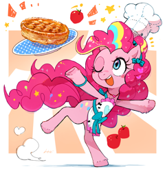 Size: 2612x2720 | Tagged: safe, artist:fuyugi, imported from derpibooru, pinkie pie, earth pony, pony, apple, apron, bipedal, blushing, bracelet, chef's hat, clothes, cute, diapinkes, female, food, hat, high res, jewelry, mare, necklace, one eye closed, open mouth, open smile, pie, rainbow power, smiling, solo, standing, standing on one leg