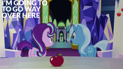 Size: 1280x720 | Tagged: safe, edit, edited screencap, editor:quoterific, imported from derpibooru, screencap, spike, starlight glimmer, trixie, dragon, pony, unicorn, all bottled up, season 7, apple, butt, cutie map, female, food, glimmer glutes, male, mare, open mouth, plot, the great and powerful ass, twilight's castle