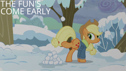 Size: 1280x720 | Tagged: safe, edit, edited screencap, editor:quoterific, imported from derpibooru, screencap, applejack, earth pony, pony, season 5, tanks for the memories, applejack's hat, butt, clothes, cowboy hat, female, hat, jacket, mare, plot, smiling, snow, snowball, solo, tree