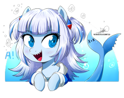 Size: 2250x1785 | Tagged: safe, artist:the-butch-x, imported from derpibooru, original species, pony, shark, shark pony, a, blue background, blue eyes, bubble, cute, fangs, fish tail, gawr gura, hololive, hololive eng, open mouth, open smile, ponified, sharp teeth, signature, simple background, smiling, solo, tail, teeth, transparent background, underwater, vtuber, water