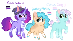 Size: 2977x1694 | Tagged: safe, artist:moccabliss, imported from derpibooru, oc, oc only, oc:blueberry muffin, oc:cotton candy, oc:grape soda, earth pony, pony, unicorn, asexual pride flag, bisexual pride flag, colt, female, filly, magical lesbian spawn, male, mare, offspring, parent:bon bon, parent:lyra heartstrings, parents:lyrabon, pride, pride flag, simple background, transgender pride flag, white background