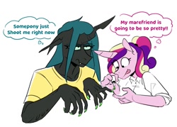 Size: 1173x842 | Tagged: safe, artist:redxbacon, imported from derpibooru, princess cadance, queen chrysalis, alicorn, anthro, changeling, changeling queen, cadalis, female, infidelity, lesbian, nail polish, queen chrysalis is not amused, shipping, thought bubble, unamused