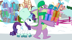 Size: 1280x720 | Tagged: safe, artist:mlplary6, imported from derpibooru, rarity, spike, dragon, pony, unicorn, christmas, female, holiday, male, present, shipping, sparity, straight, winged spike, wings