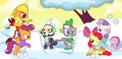 Size: 3568x1728 | Tagged: safe, artist:porygon2z, imported from derpibooru, apple bloom, scootaloo, spike, sweetie belle, oc, oc:heatwave, dragon, earth pony, griffon, pegasus, pony, unicorn, apple bloom's bow, bow, broken horn, clothes, crossover, cute, cutie mark crusaders, earmuffs, female, filly, hair bow, hat, horn, king clawthorne, male, movie accurate, scarf, skull, snow, snowball, snowball fight, sweater, the owl house, titan, winter hat