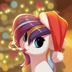 Size: 2000x2000 | Tagged: safe, alternate version, artist:vistamage, imported from derpibooru, oc, oc only, pony, alternate character, candy, candy cane, christmas, commission, food, hat, high res, holiday, santa hat, solo, ych result