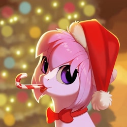 Size: 2000x2000 | Tagged: safe, alternate version, artist:vistamage, imported from derpibooru, oc, oc only, pony, alternate character, candy, candy cane, christmas, commission, food, hat, high res, holiday, santa hat, solo, ych result