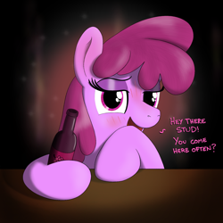 Size: 1512x1512 | Tagged: safe, artist:eels, imported from derpibooru, berry punch, berryshine, earth pony, pony, blushing, bottle, drunk, female, go home you're drunk, hoof hold, lidded eyes, looking at you, mare, solo