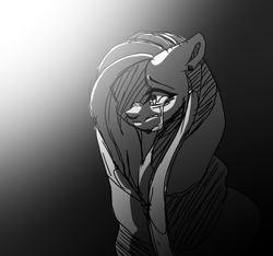 Size: 1606x1505 | Tagged: safe, artist:enifersuch, imported from derpibooru, fluttershy, pegasus, pony, bust, crying, female, gradient background, grayscale, hair over one eye, mare, monochrome, sad, solo