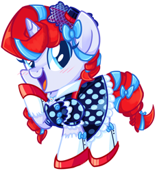 Size: 962x1052 | Tagged: safe, artist:khimi-chan, imported from derpibooru, oc, oc only, pony, unicorn, clothes, dress, eyelashes, female, hoof polish, horn, mare, simple background, smiling, solo, unicorn oc, white background