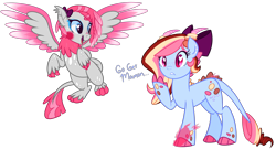 Size: 2559x1383 | Tagged: safe, artist:khimi-chan, imported from derpibooru, oc, oc only, oc:neigh-apolitan, oc:polly, dracony, dragon, hybrid, pony, background removed, bow, duo, female, hair bow, mare, raised hoof, simple background, smiling, species swap, transparent background, wings