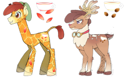 Size: 1517x969 | Tagged: safe, artist:khimi-chan, imported from derpibooru, deer, giraffe, reindeer, antlers, beanie, cutie mark, duo, goggles, hat, male, smiling, story included