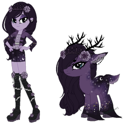 Size: 557x568 | Tagged: safe, artist:cueen, artist:gihhbloonde, imported from derpibooru, oc, oc only, deer, equestria girls, antlers, base used, clothes, cloven hooves, dress, duo, ear piercing, equestria girls-ified, eyelashes, female, flower, flower in hair, frown, hair over one eye, jewelry, lidded eyes, makeup, piercing, rose, shorts, simple background, smiling, tiara, transparent background