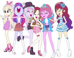 Size: 810x628 | Tagged: safe, artist:gihhbloonde, imported from derpibooru, oc, oc only, oc:condensed milk, oc:gihh bloonde, oc:music melody, equestria girls, base used, clothes, dress, eyelashes, eyes closed, female, group, sandals, shoes, side hug, simple background, skirt, smiling, transparent background