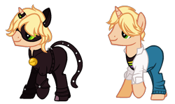 Size: 984x588 | Tagged: safe, artist:gihhbloonde, imported from derpibooru, pony, unicorn, adrien agreste, animal costume, base used, cat costume, chat noir, clothes, costume, duo, horn, horn ring, male, mask, miraculous ladybug, pants, ponified, raised hoof, ring, simple background, smiling, stallion, transparent background