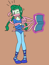 Size: 1370x1801 | Tagged: safe, artist:bugssonicx, imported from derpibooru, wallflower blush, equestria girls, bondage, book, braided pigtails, clothes, gag, leotard, one eye closed, tape, tape bondage