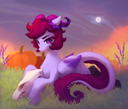 Size: 5000x4288 | Tagged: safe, artist:littmosa, imported from derpibooru, oc, oc only, pegasus, pony, commission, eyebrows, halloween, holiday, horns, lavender, leonine tail, long tail, looking at you, lying down, male, pegasus oc, pumpkin, skull, solo, tail, ych result