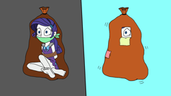 Size: 1920x1080 | Tagged: safe, artist:bugssonicx, imported from derpibooru, rarity, equestria girls, arm behind back, bag, bagged, barefoot, bondage, bound and gagged, cloth gag, clothes, feet, gag, kidnapped, nightgown, pajamas, peter pan, rope, rope bondage, sack, tied up
