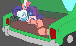 Size: 1688x1029 | Tagged: safe, artist:bugssonicx, imported from derpibooru, rarity, equestria girls, equestria girls series, rarity investigates: the case of the bedazzled boot, spoiler:eqg series (season 2), arm behind back, bondage, bound and gagged, cloth gag, detective rarity, gag, kidnapped, lidded eyes, rarity investigates (eqg): trixie, solo, tied up, waking up